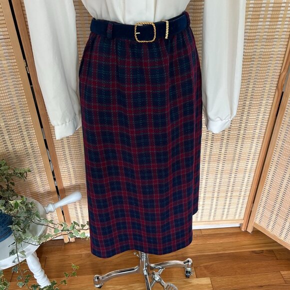 Vintage Cricket Lane Maroon & Blue Plaid Midi Skirt With Elastic Waist - Picture 10 of 11